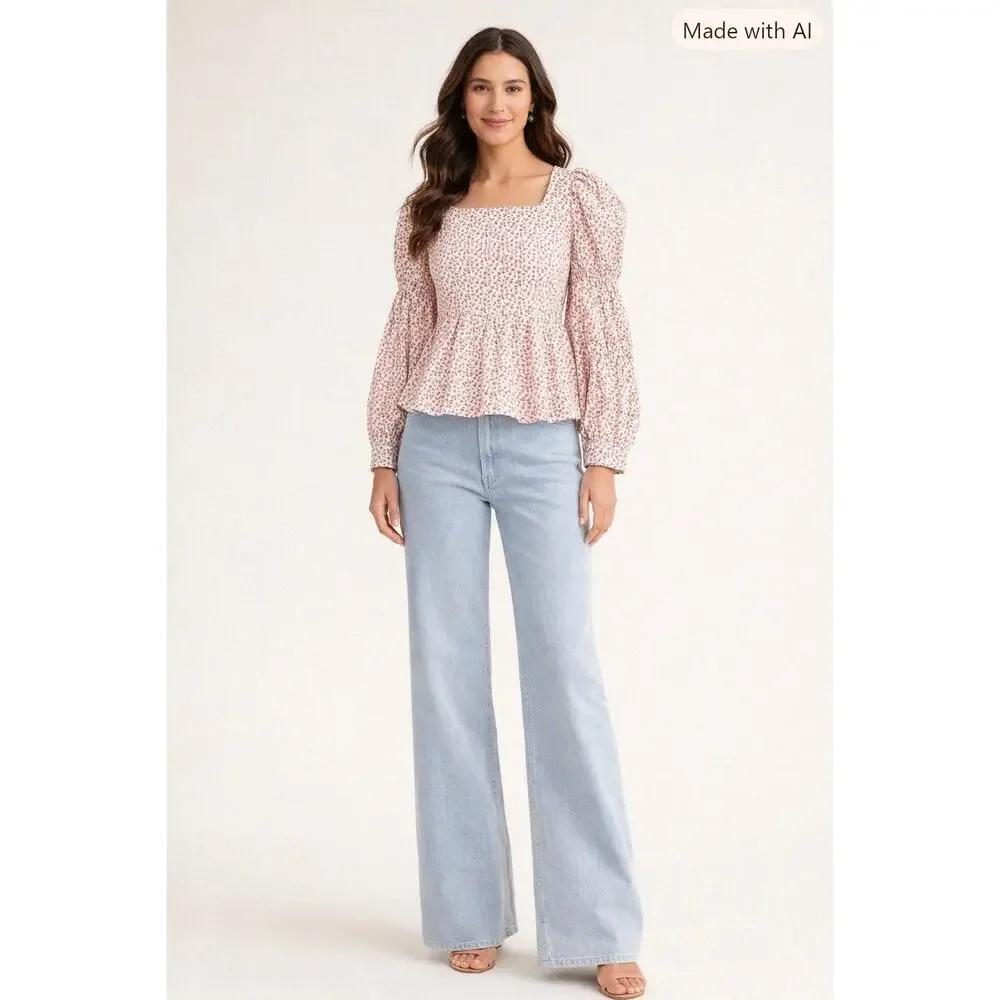 Hyacinth House Tuckernuck NWT Peplum Blouse XS Floral Pink White Puff Sleeve Top